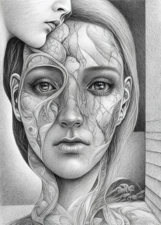 Detailed pencil drawing of a woman with cracked porcelain patterns.