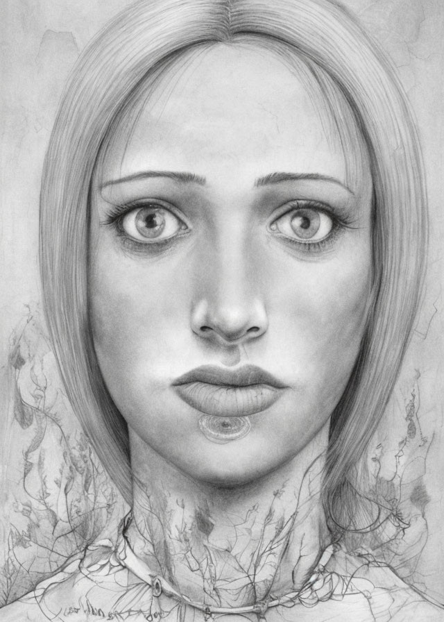 Detailed pencil-drawn portrait of a woman with intricate features and vine-like patterns.