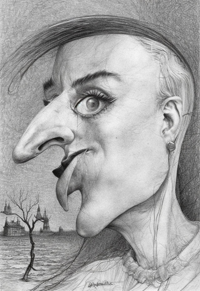 Optical illusion pencil drawing of face profiles and buildings landscape