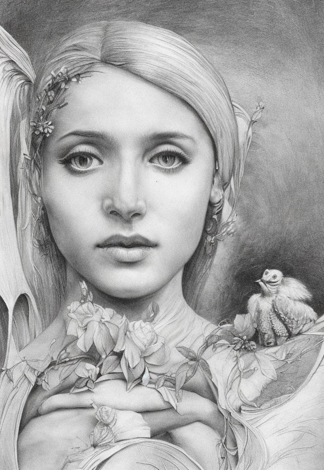 Mystical woman with elfin features and dragon in pencil sketch