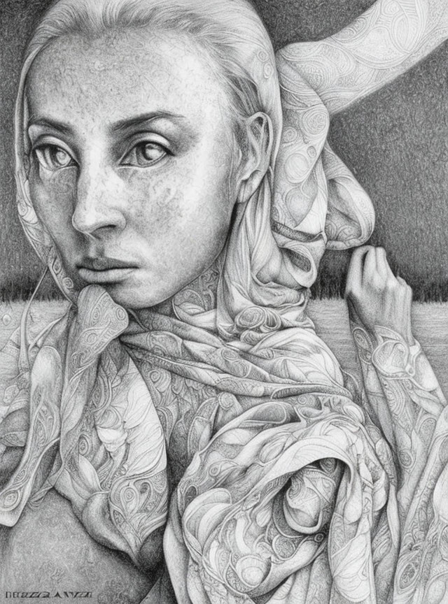 Detailed pencil sketch of woman with swirling scarf and contemplative expression