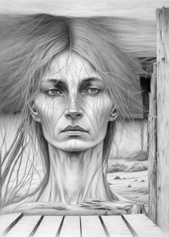 Woman pencil sketch: windswept hair, barren landscape, piano keys - surreal, melancholic vibe