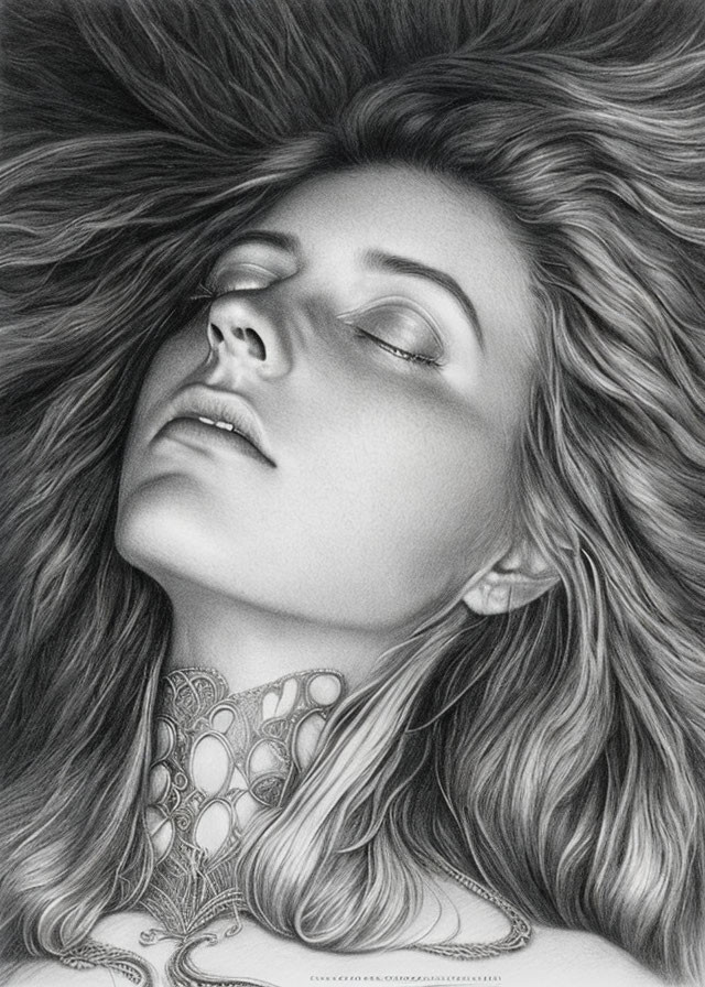 Detailed pencil drawing of woman with flowing hair and decorative necklace.