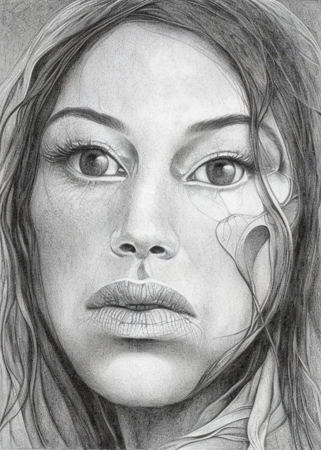 Realistic pencil sketch of a woman with expressive eyes, wavy hair, and subtle smile