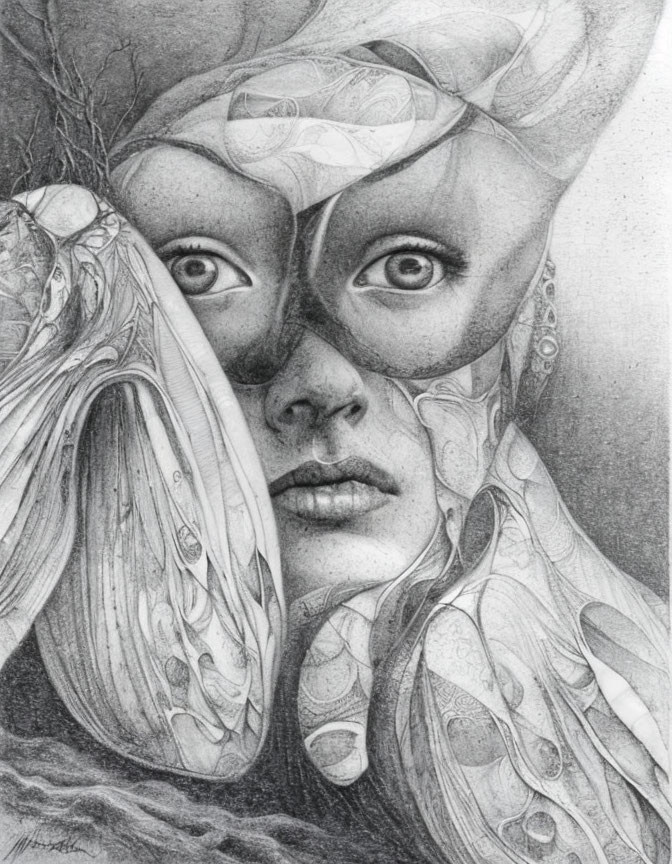 Surreal female face with abstract organic shapes in pencil drawing