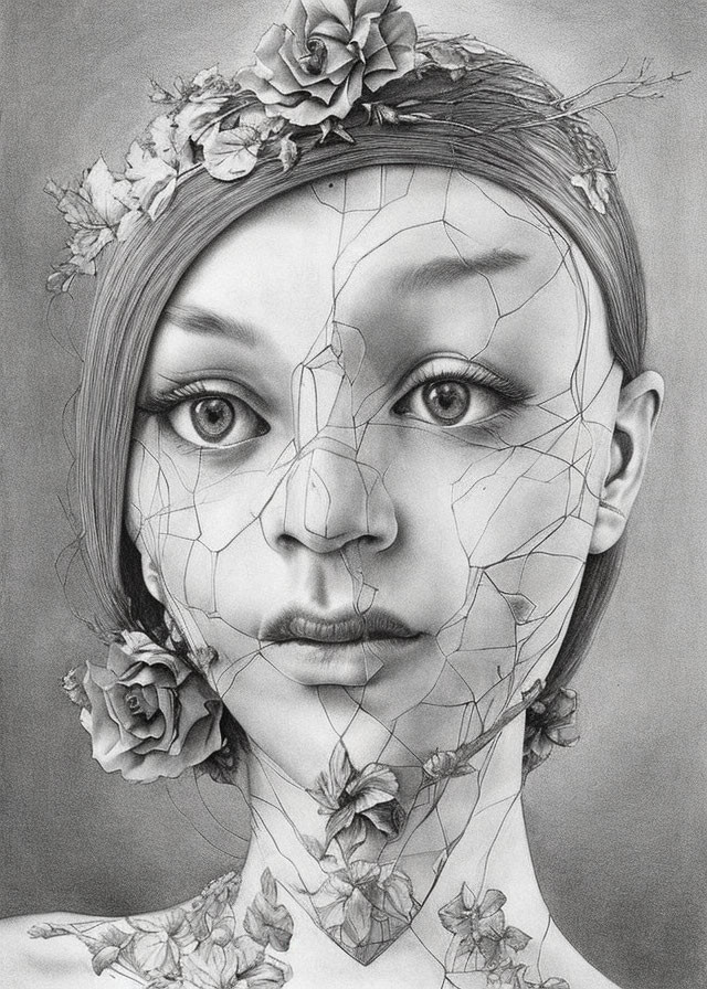 Woman's portrait with cracked porcelain facade and floral elements.