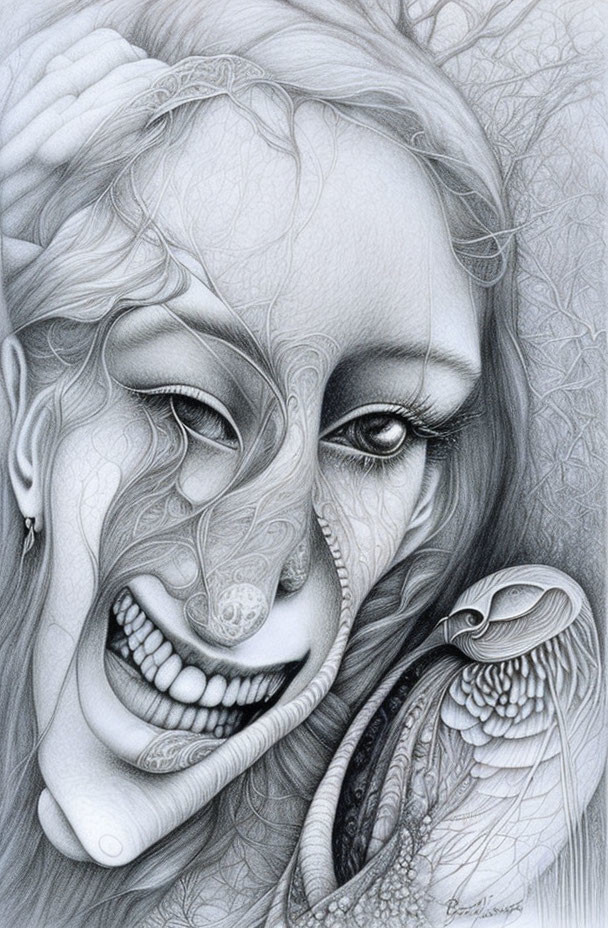 Intricate pencil drawing of woman's face with snake patterns blending in.