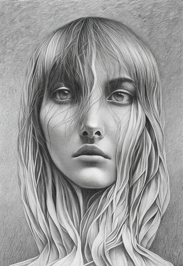 Detailed pencil sketch of woman with long, wavy hair and expressive eyes.