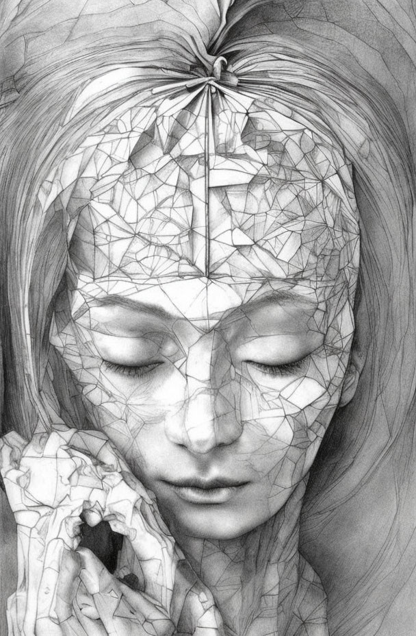 Person with fractured geometric pattern on face holding patterned skull