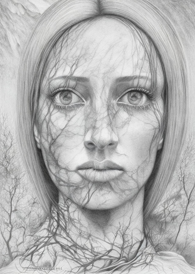 Woman's portrait with tree branches and roots intertwining in pencil drawing