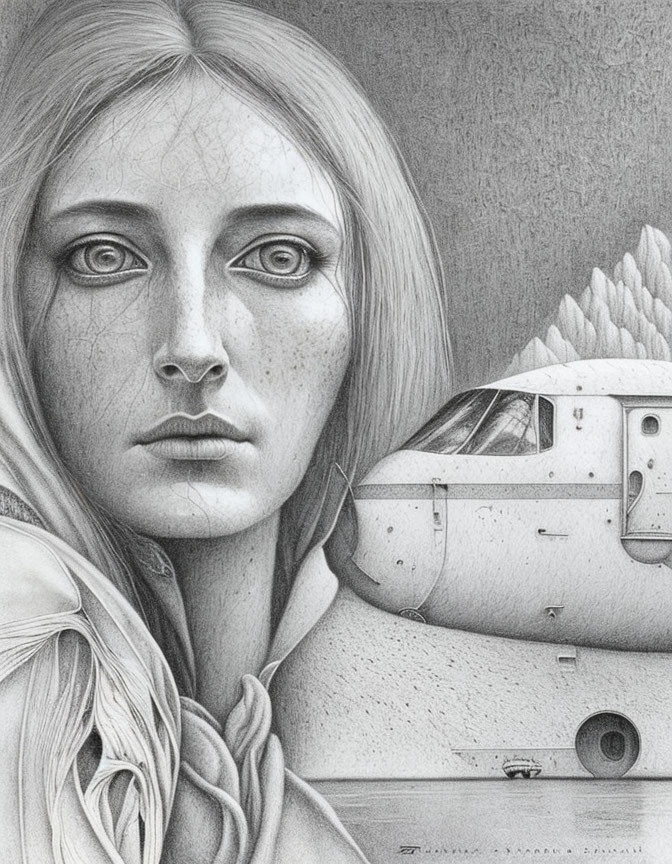 Detailed pencil sketch of a woman with poignant eyes, freckles, and long hair beside an aircraft