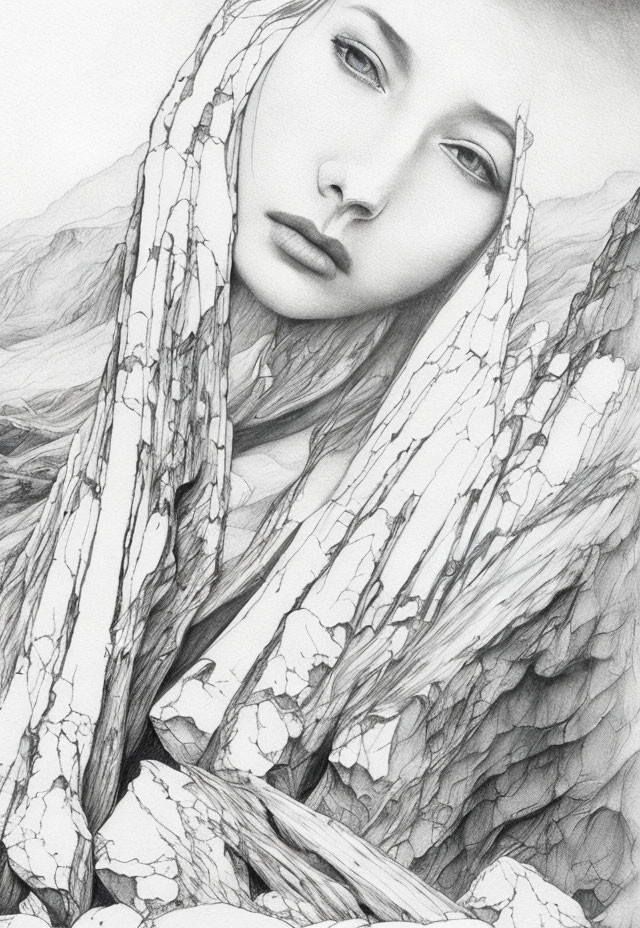 Contemplative woman with long flowing hair in pencil drawing