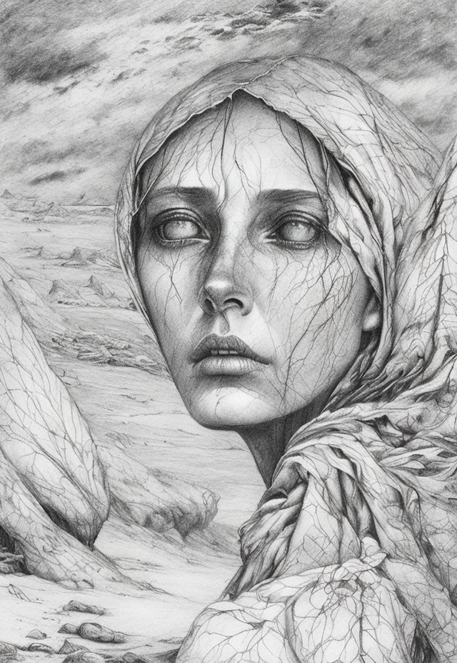 Detailed pencil drawing of a woman with shawl against cloudy sky & stony landscape