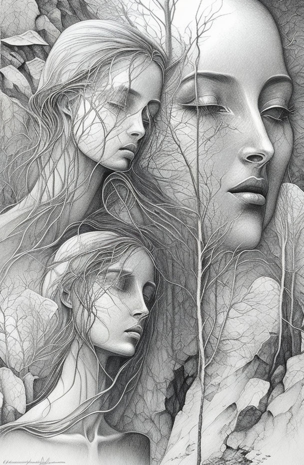 Grayscale artwork: Three female faces intertwined with leafless branches