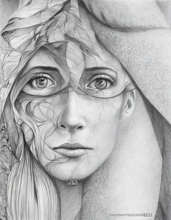 Detailed pencil-drawn portrait of a woman with captivating eyes and hood, featuring intricate leaf patterns.