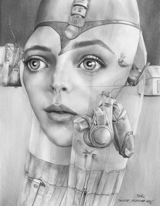 Detailed pencil sketch of a woman with robotic elements and futuristic cyborg aesthetic