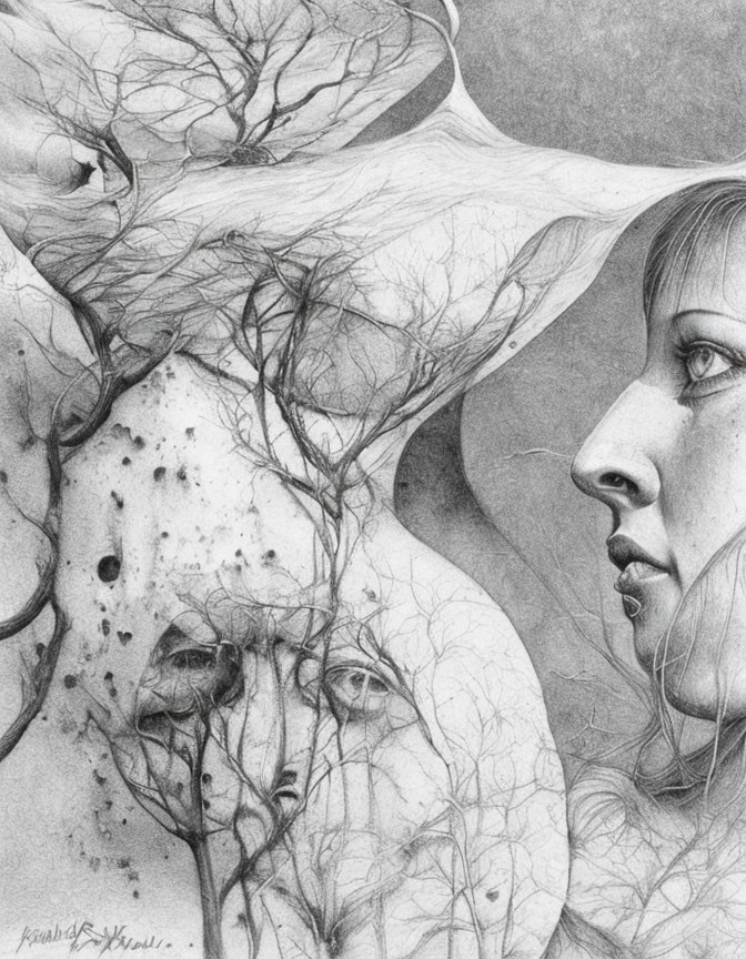 Surreal pencil drawing: Woman's face merges with tree-like forms