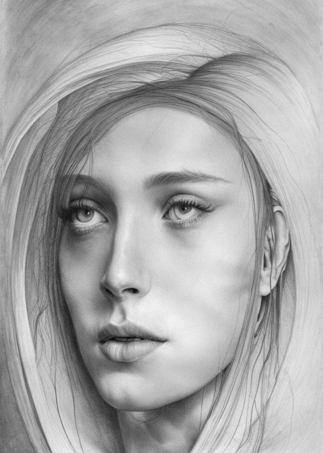 Detailed pencil sketch of young woman with flowing hair and contemplative expression