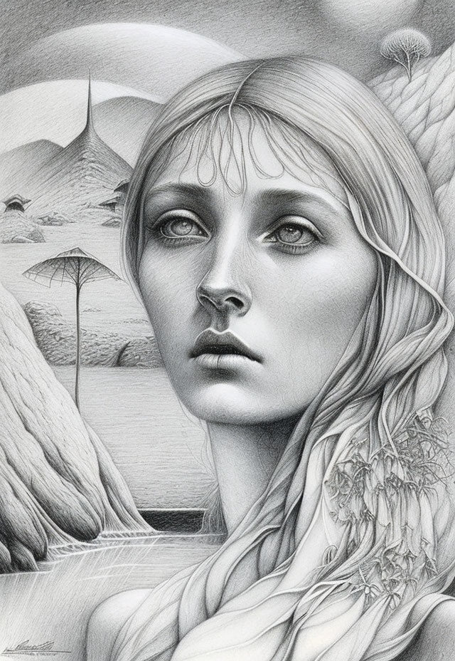 Monochromatic pencil drawing of a woman in surreal landscape