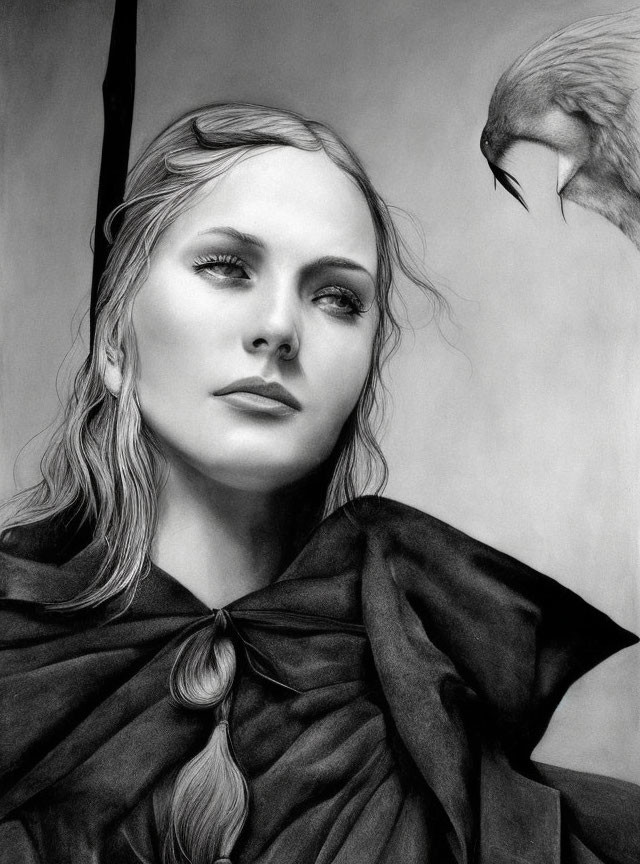 Detailed pencil drawing of a woman with braided hair and draped clothing, facing a crow.