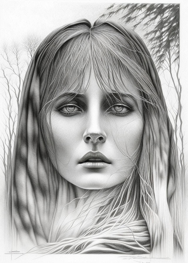 Detailed pencil drawing of woman with striking eyes and long hair against bare tree branches.