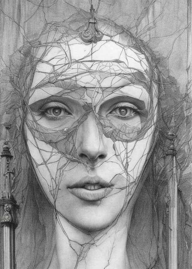 Detailed pencil sketch of woman's face with web-like patterns and architectural elements