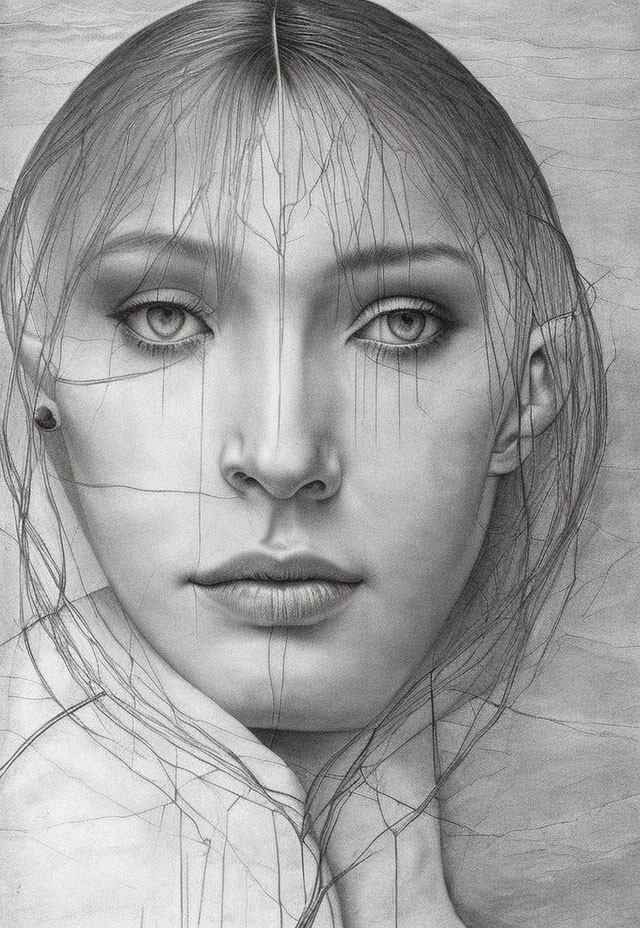 Detailed pencil-drawn portrait of a woman with intricate eye features and a network of lines on her face