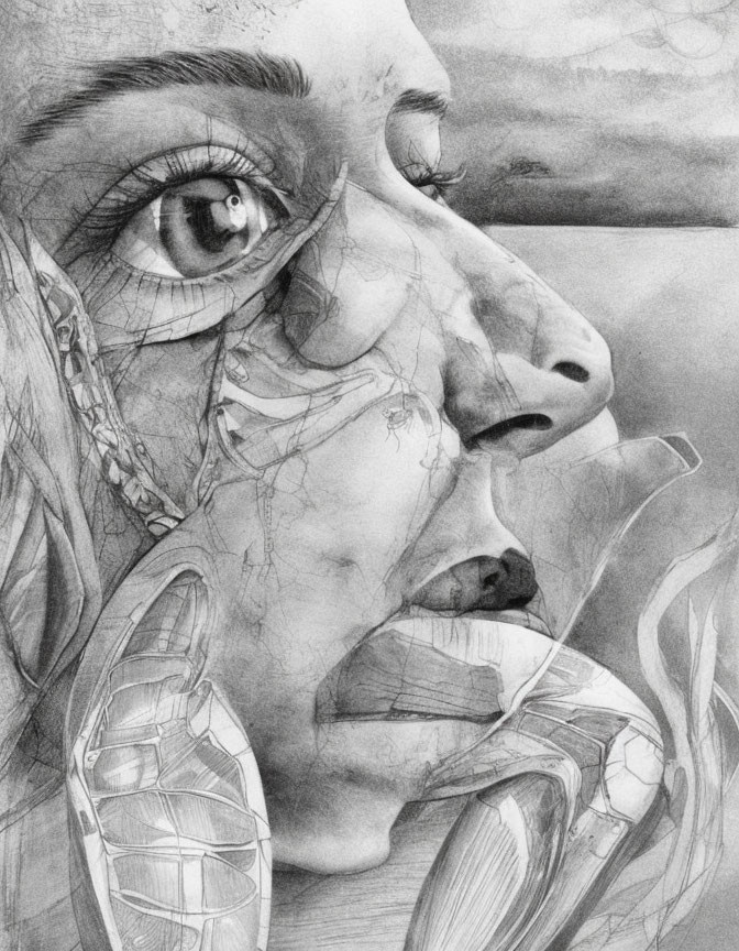 Realistic pencil sketch of a woman's concerned expression