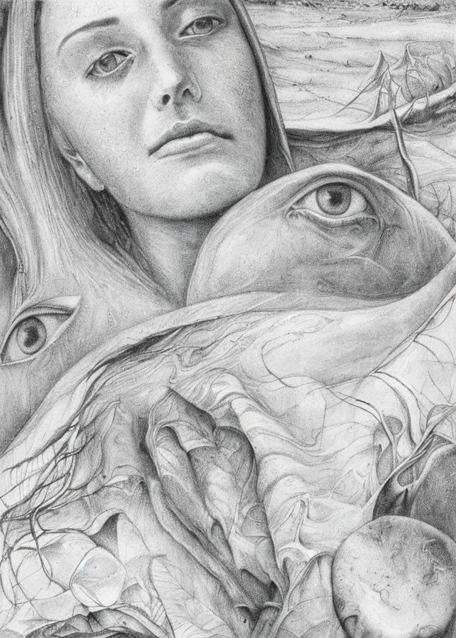 Serene woman in pencil sketch with surreal elements