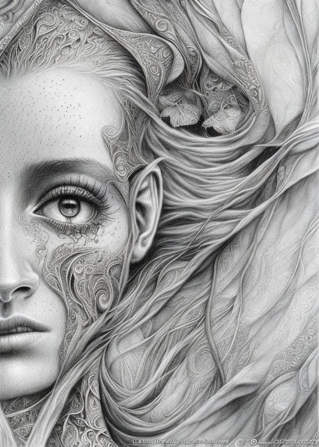 Detailed Black and White Woman Illustration with Intricate Eye Design