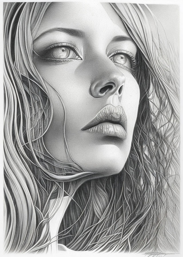 Realistic pencil drawing of woman with flowing hair and intricate shading