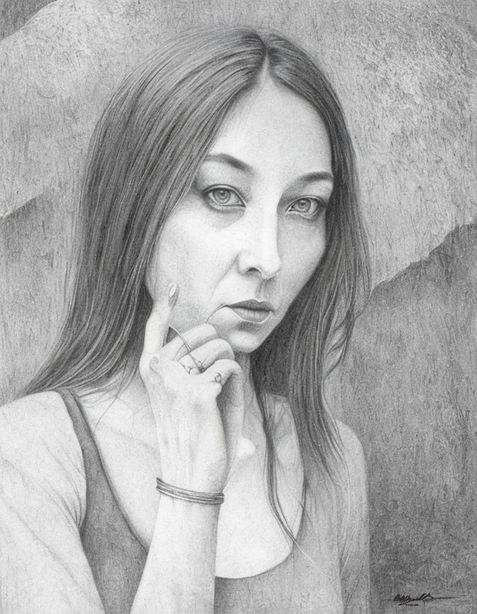 Contemplative woman with long hair in pencil sketch