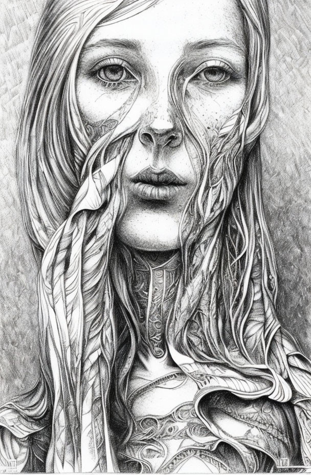 Detailed Monochromatic Portrait of Woman with Intricate Patterns