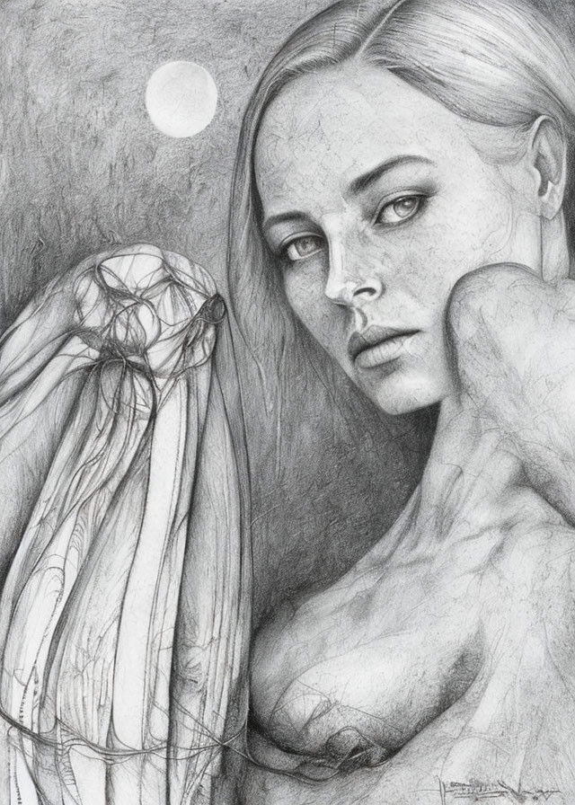 Woman in contemplative pose with ethereal figure in pencil sketch