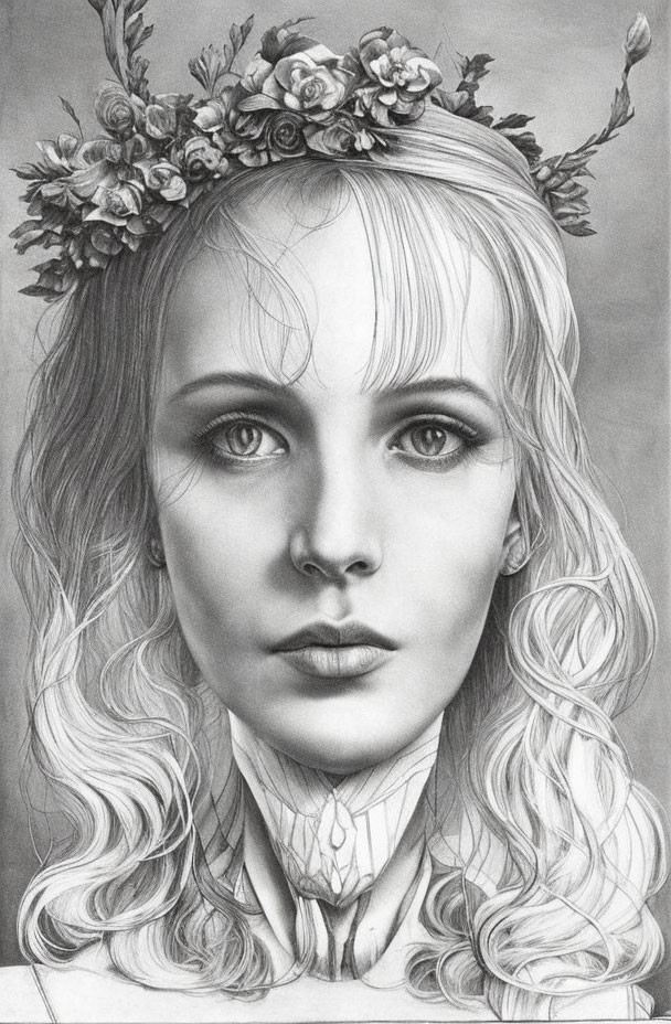 Detailed pencil sketch of woman with floral wreath, realistic eyes, wavy hair