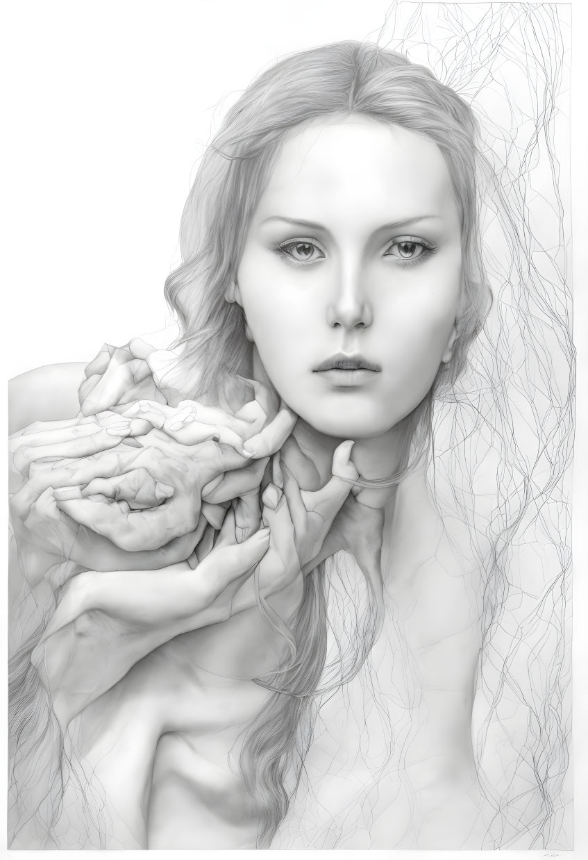 Monochromatic artwork of woman with intense gaze holding delicate flowers