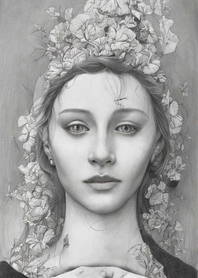 Serene woman with flower crown in pencil drawing