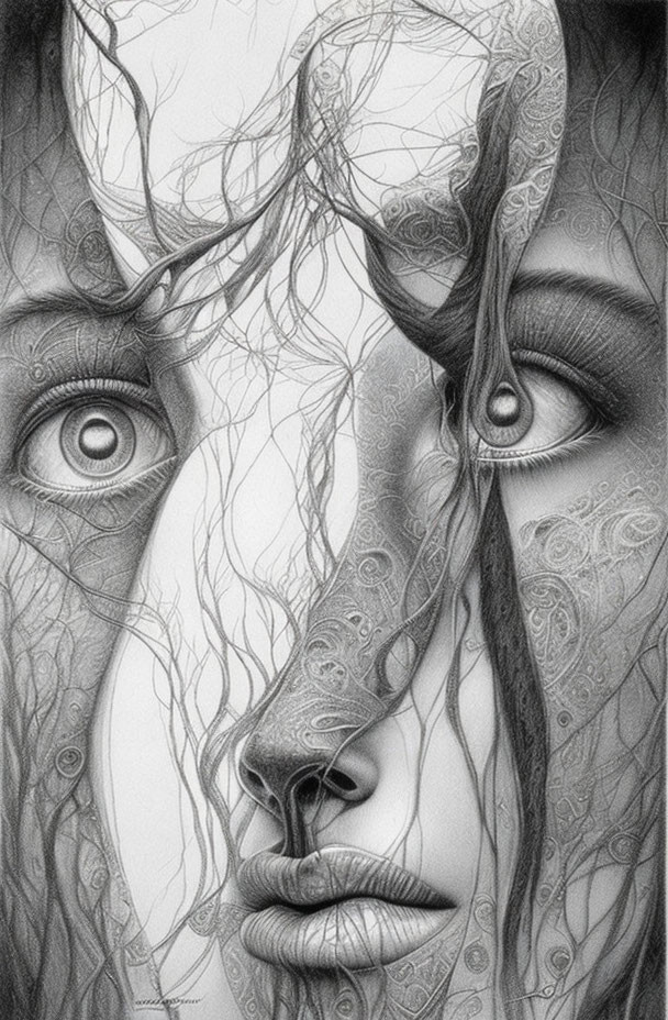 Detailed Monochrome Drawing: Surreal Fusion of Two Faces with Intricate Patterns