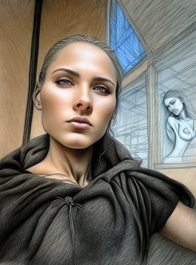 Contemplative woman in draped garment with pencil-drawn background.