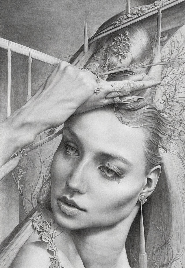 Detailed grayscale illustration of woman with ornate head adornments merging into fantastical armor.