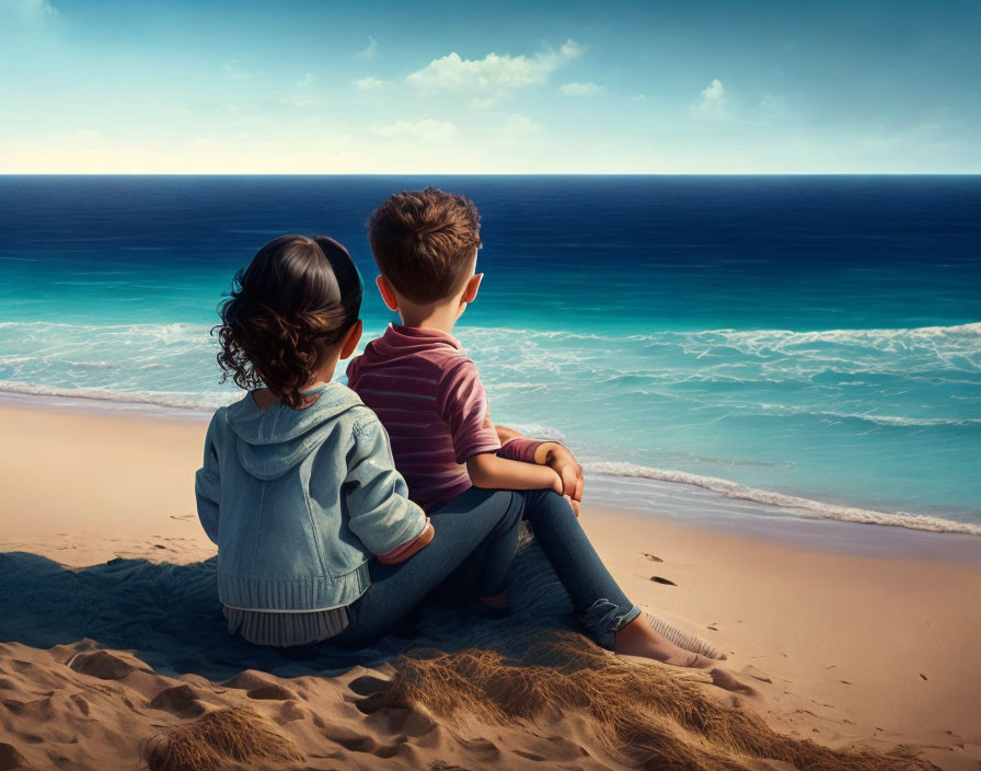 Children sitting on sandy beach by tranquil blue ocean