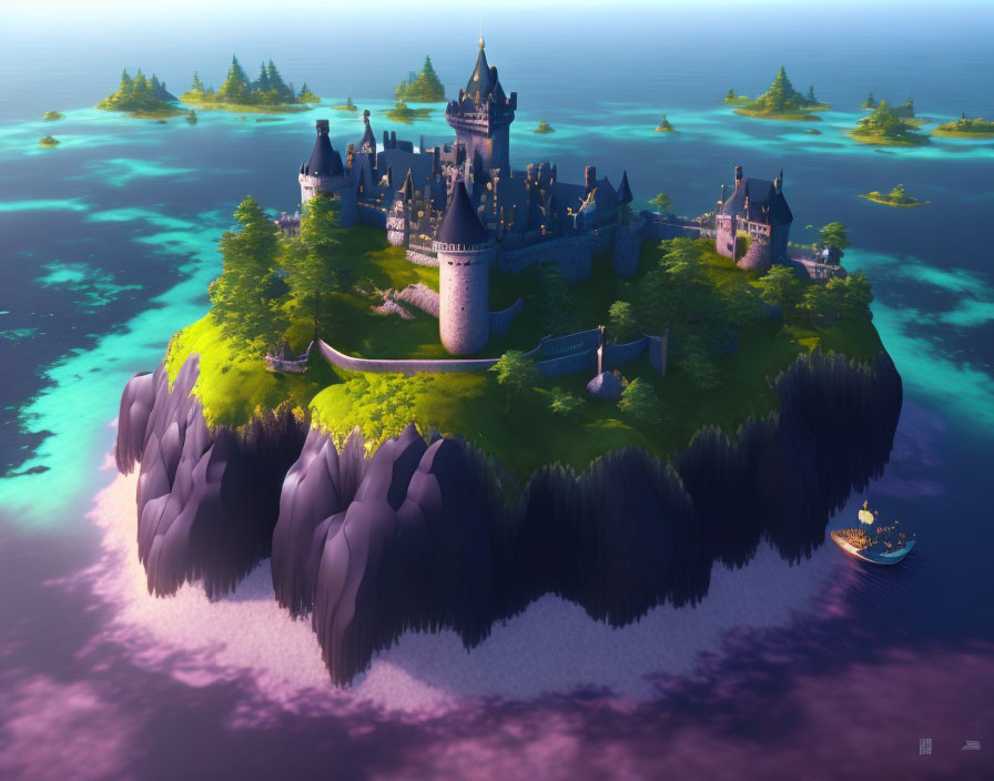 Castle with Multiple Spires on Lush Island at Sunset