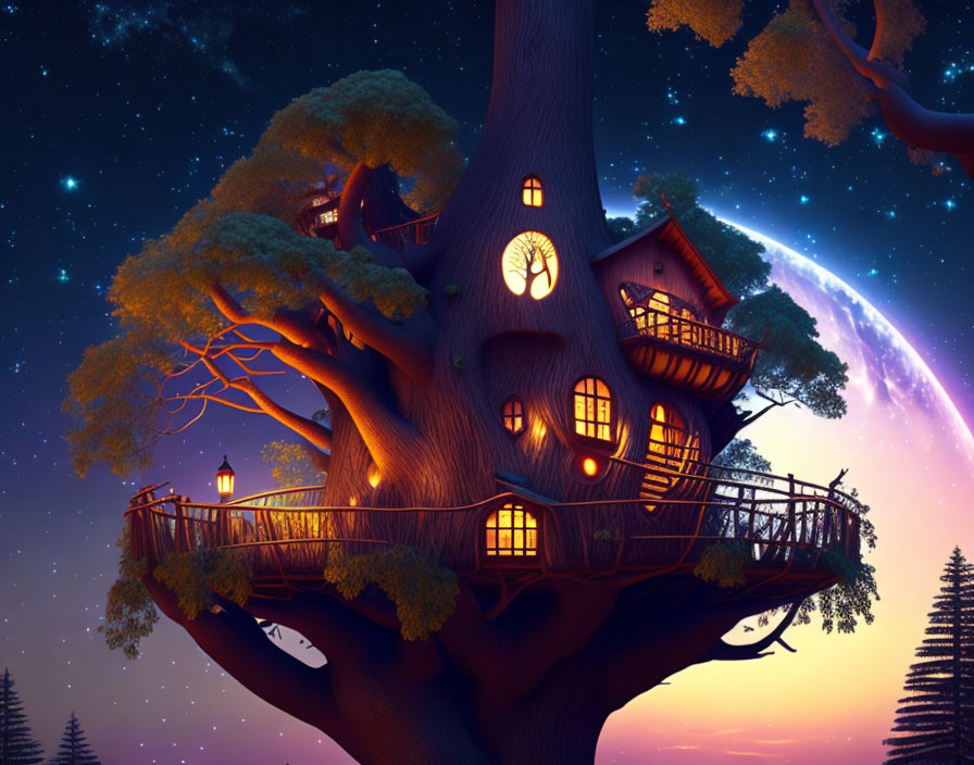 Treehouse with Glowing Windows in Grand Tree at Twilight