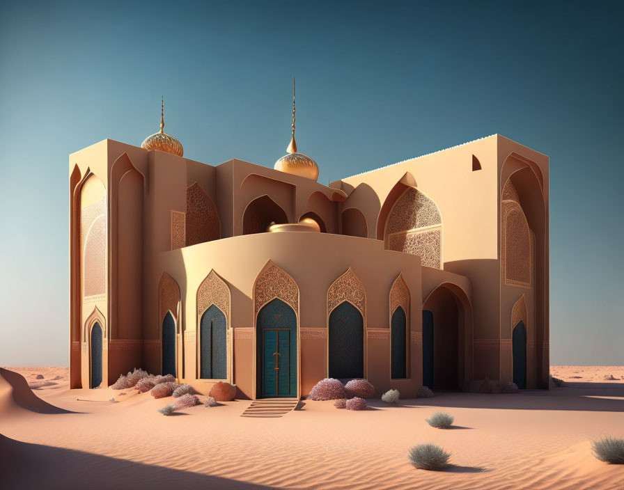 Sand-toned mosque with arched doorways and golden domes in desert landscape.