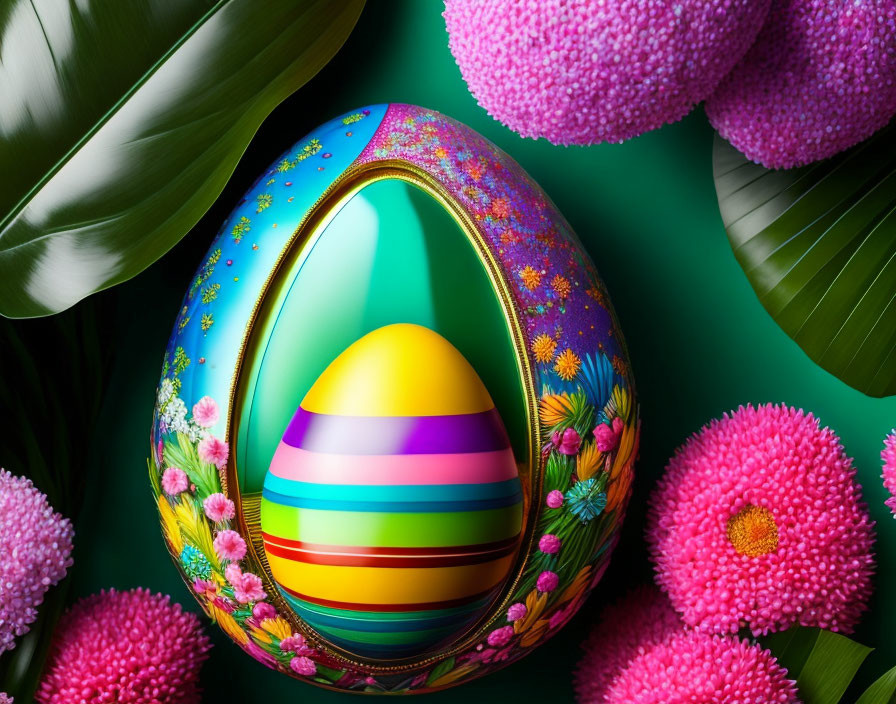 Colorful Easter Egg with Floral Patterns on Green Background