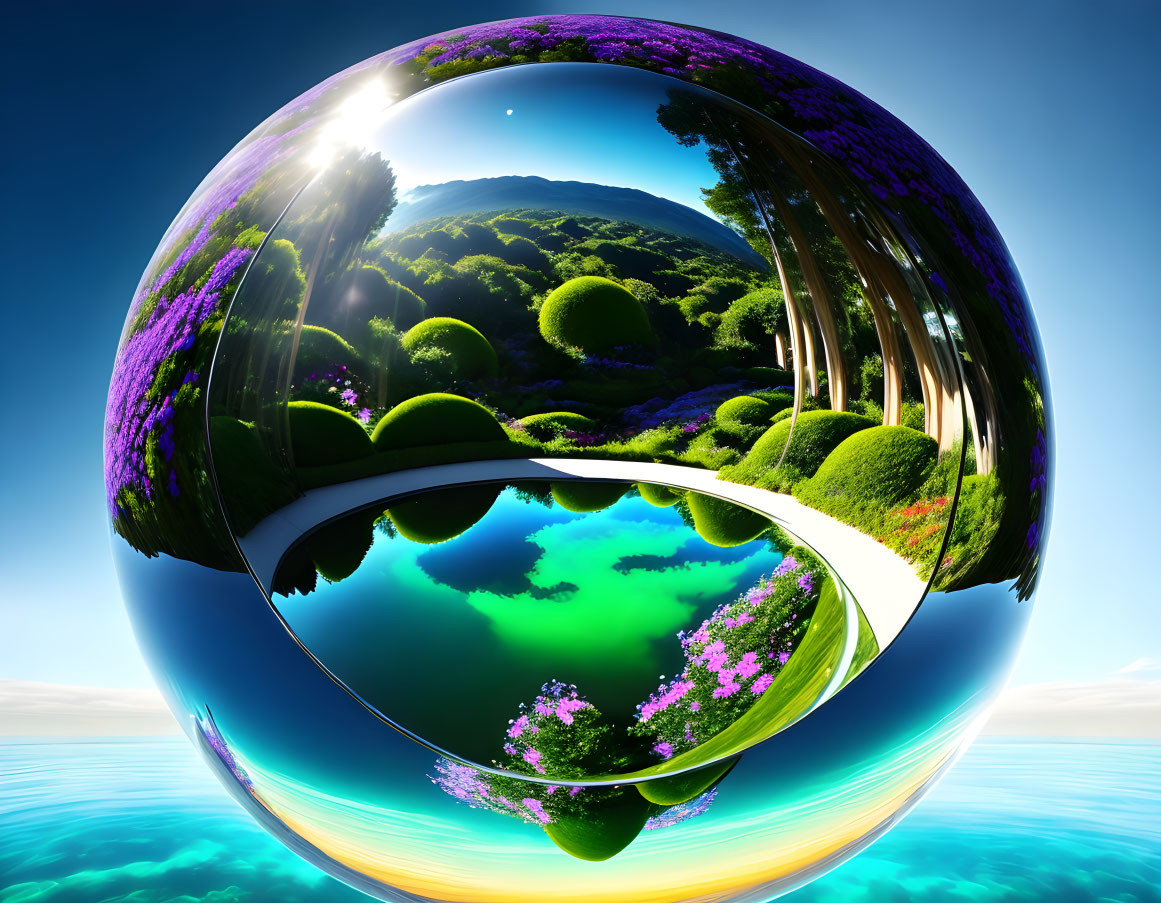 Surreal reflective spherical object in lush green landscape