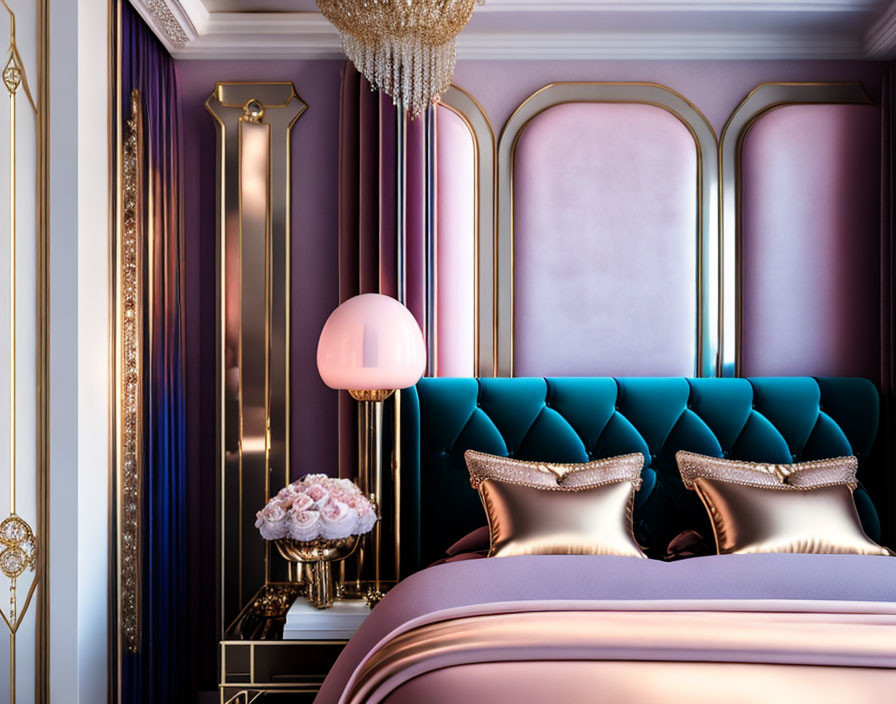 Elegant Bedroom Decor with Teal Headboard & Purple Accents