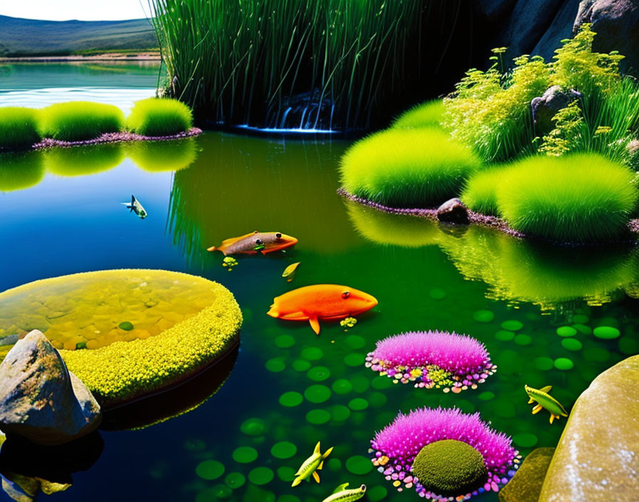 Colorful pond ecosystem with algae, fish, reeds, and stones