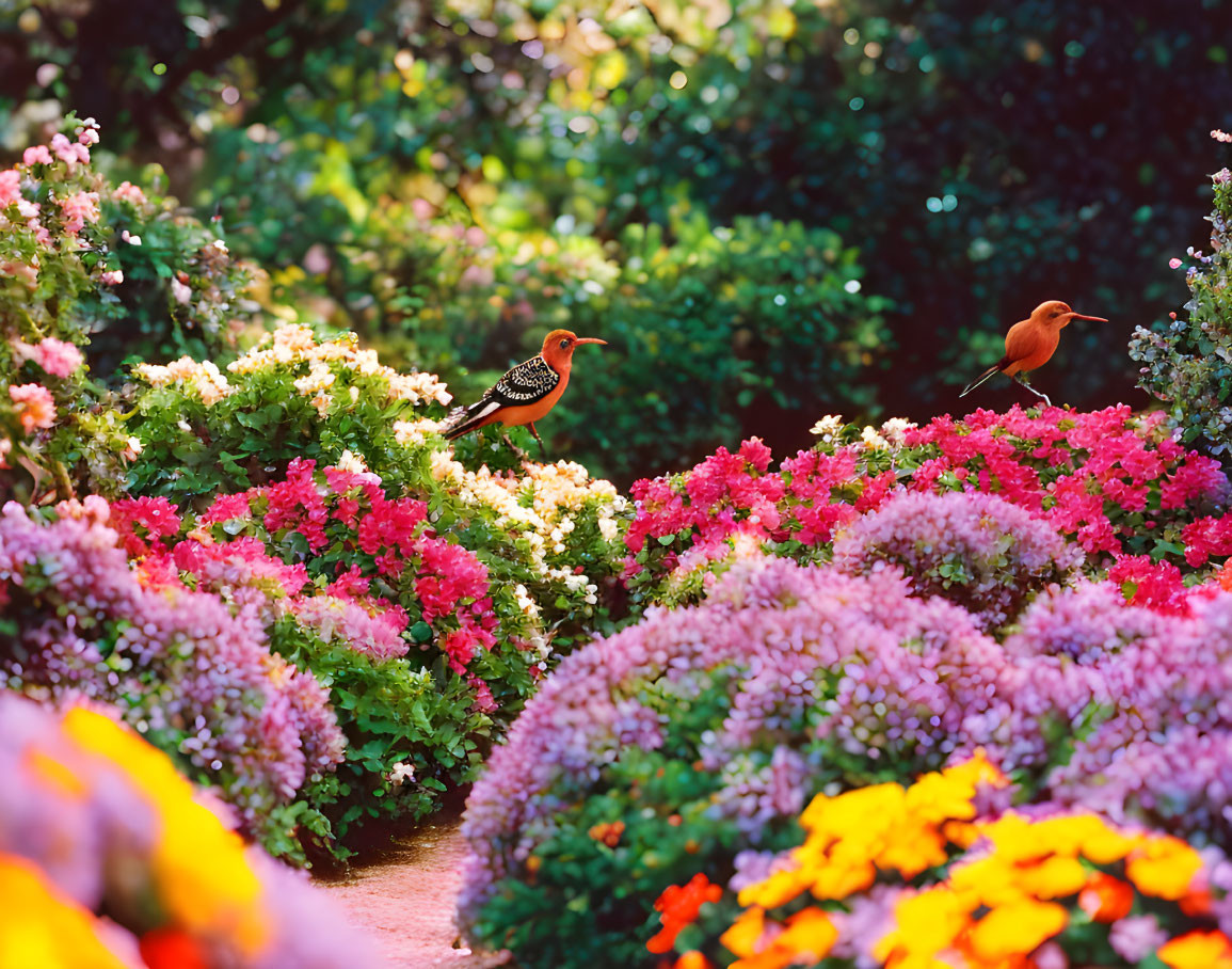 Colorful Garden Scene with Diverse Flowers and Birds