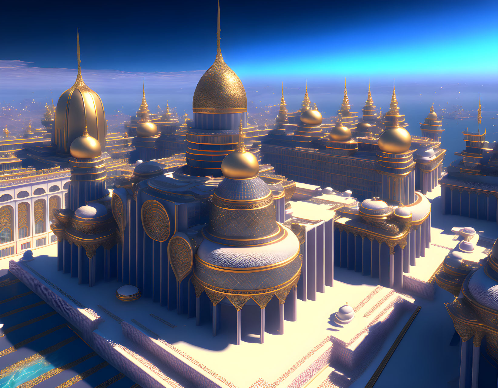 Golden futuristic cityscape with ornate domes and intricate architecture.